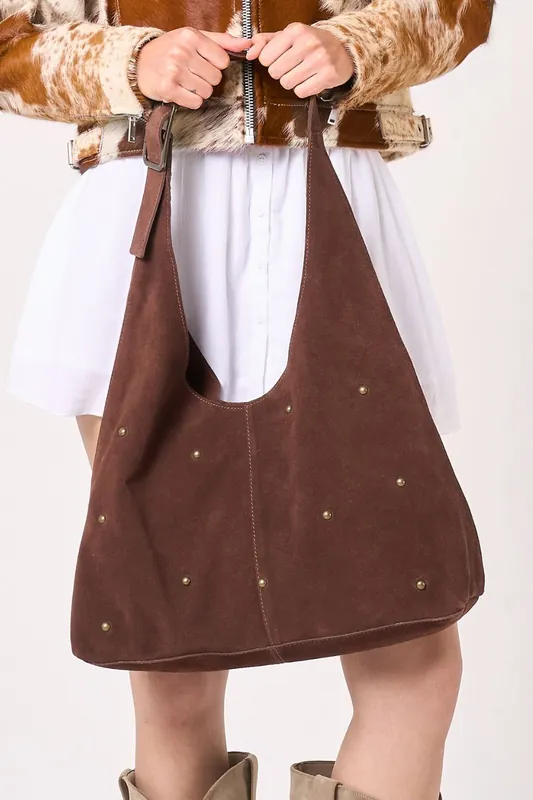 Real Suede Shoulder Bag With Studs - Barneys Originals