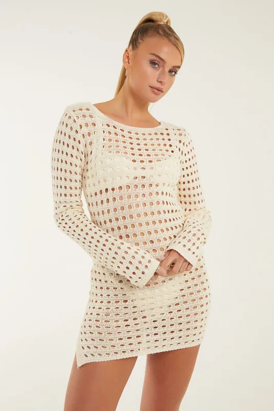 Long Sleeve Crochet Dress - Pink Vanilla