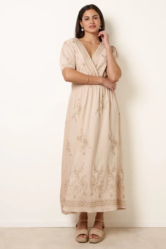 Stone Wrap Front Metallic Embroidery Floral Dress - Blue Vanilla