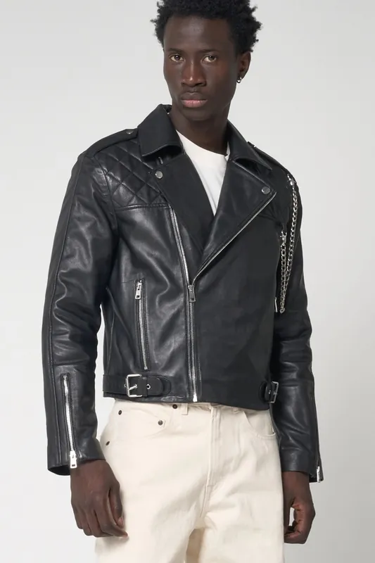 Cropped Real Leather Biker Jacket - Barneys Originals
