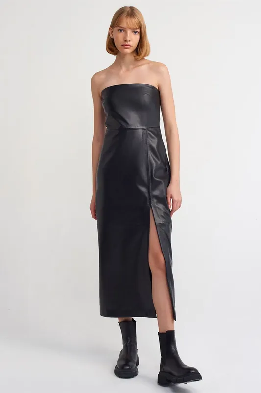 Women's Strapless Faux Leather Midi Dress - Dilvin