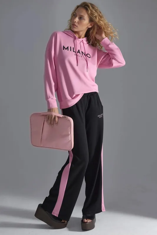 Modal Touch Hooded Embroidered Long Wide Leg Two-Piece Co-ord Set