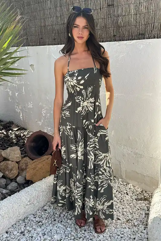 Khaki Abstract Floral Print Tie Neck Smock Midi Dress - AX Paris
