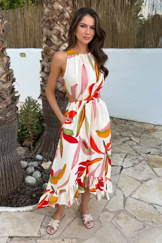 Multi Leaf Print Waist Cut Out Frill Hem Midi Dress - AX Paris