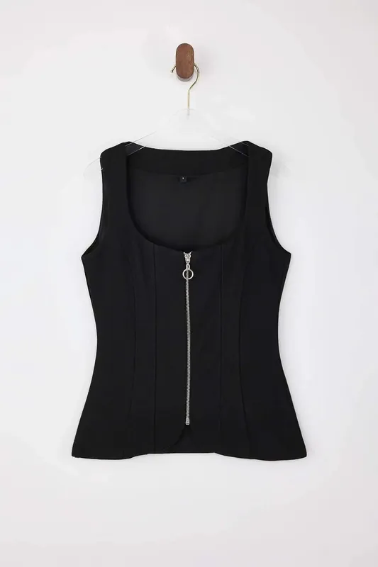Zip Front Square Neck Corset Style Sleeveless Top - WOVCOR