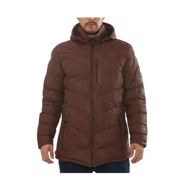 Leather Puffer Jacket Hooded Insulated Quilted Winter Coat - TruClothing