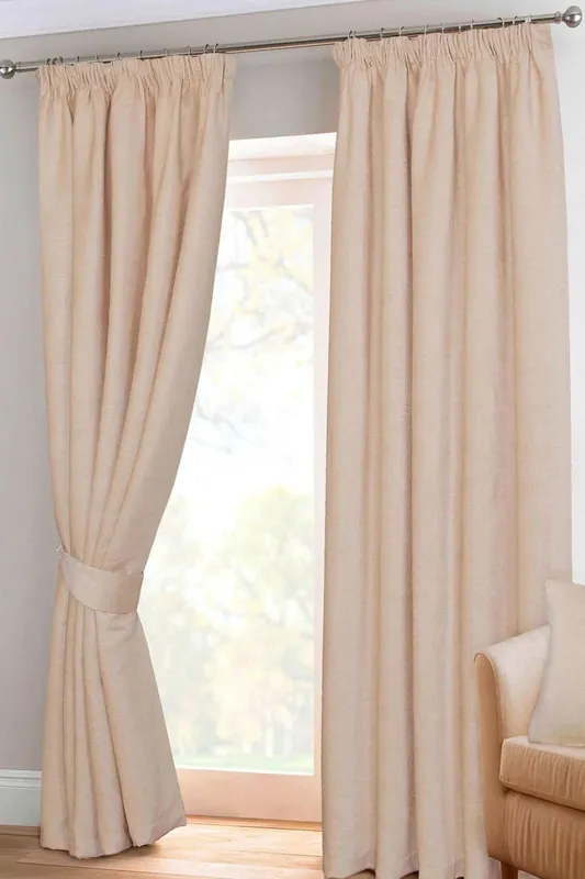 Natural Chenille Pencil Pleat Lined Curtains Pair - Homescapes