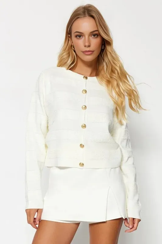 Crew Neck Ribbed Knit Cardigan - WOVCOR