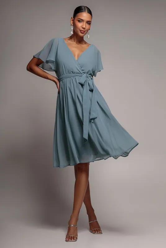 Chiffon Flutter Sleeve Wrap Midi Dress - Goddiva