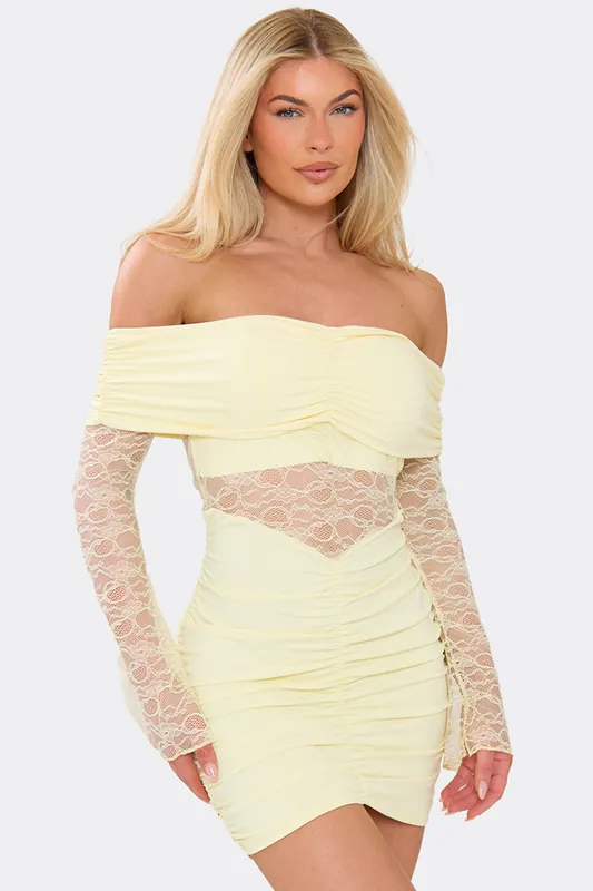 Long Sleeve Ruched Contrast Lace Mini Dress - EGO