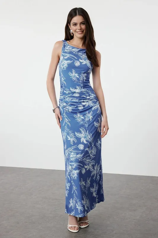 Floral Print Ruched Sleeveless Maxi Dress - WOVCOR