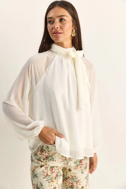 Turtleneck Chiffon Blouse - Bianco Lucci