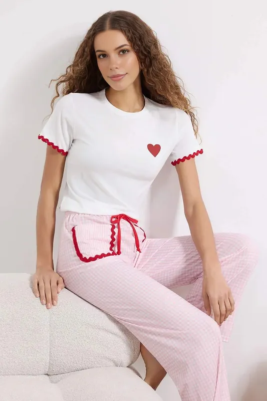 Heart Print Gingham Rickrack Trim Cotton Pyjama Set - WOVCOR