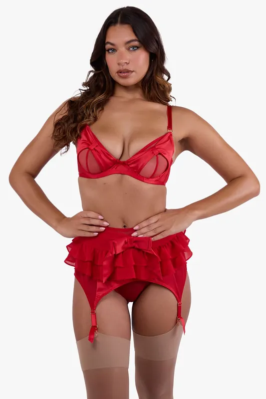 Annette Red Satin Skirted Suspender Belt - Playful Promises