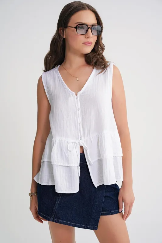 V-Neck Buttoned Cotton Blouse