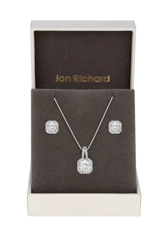 Silver Plated Cubic Zirconia Square Drop Pendant And Earring Set - Gift Boxed