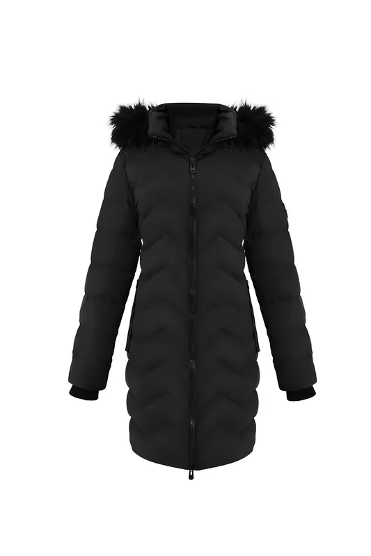 Detachable Hooded Mid-length Chevron Quilted Coat with Faux Fur Trim