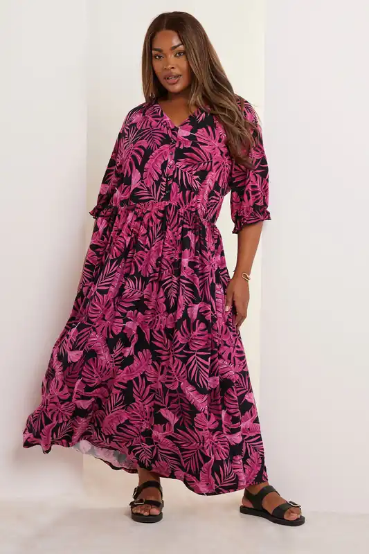 Palm Print Button Front Maxi Dress - Yours