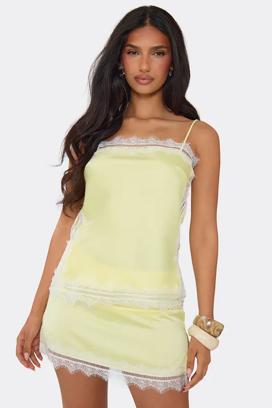 Strappy Straight Neck Lace Trim Satin Top - EGO