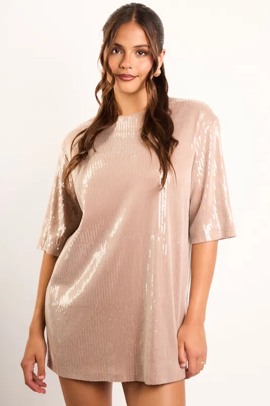 Kimber Nude Liquid Sequin Mini T Shirt Dress - Jaded Rose