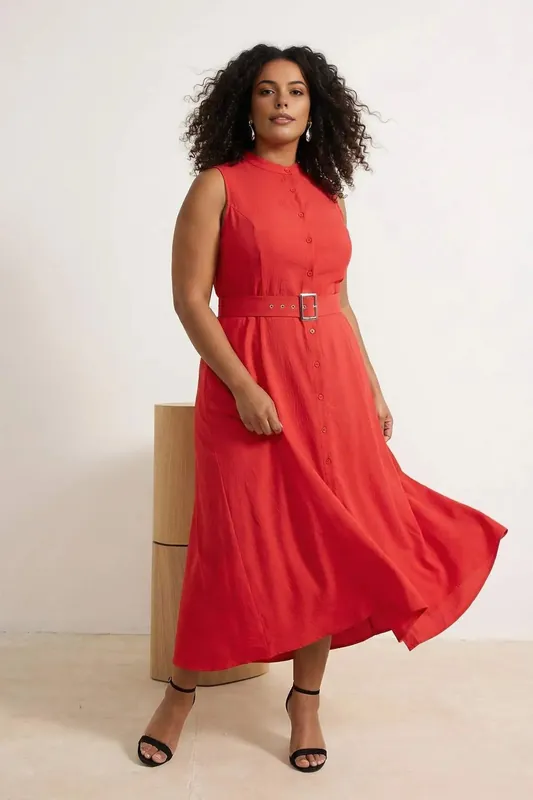 High Neck Belted Button Front Midi Dress - WOVCOR