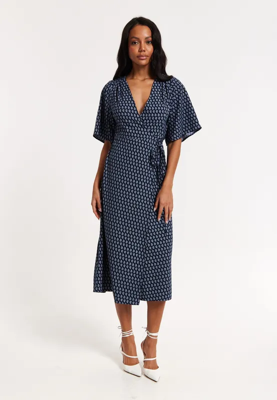 Navy Floral Print Kimono Wrap Maxi Dress - Liquorish