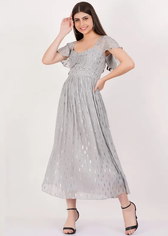 Silver Jacquard Metallic Angel Sleeves Midi Dress - Gini London