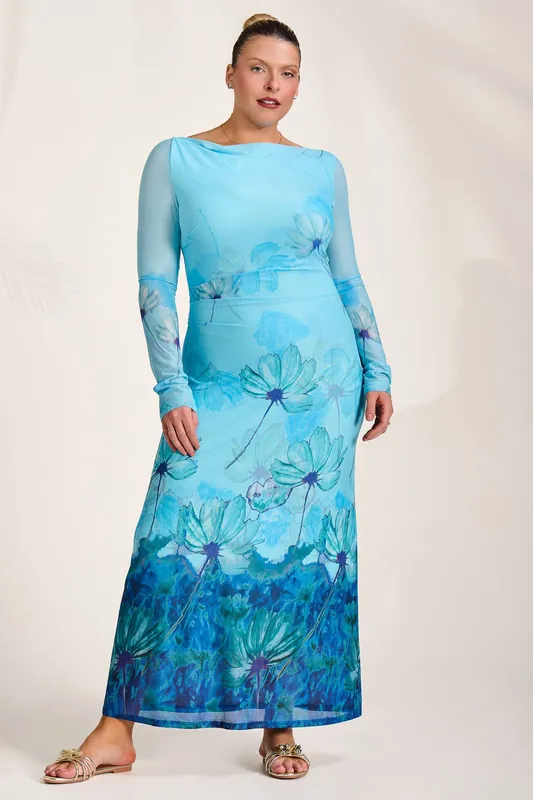 Long Sleeve Slash Neck Mesh Maxi Dress - Jolie Moi
