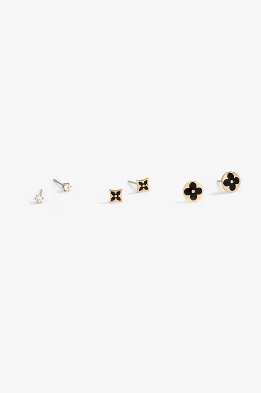 Gold Plated And Jet Enamel Earrings - Pack Of 3