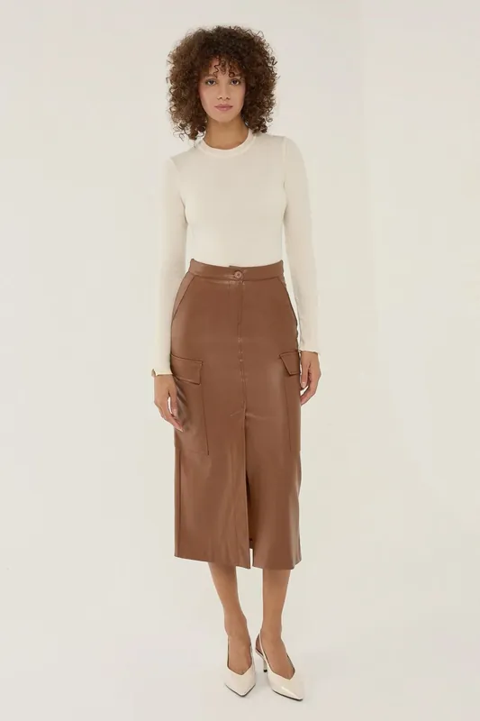 Faux Leather Pocket Detailed Midi Skirt - Hiccup