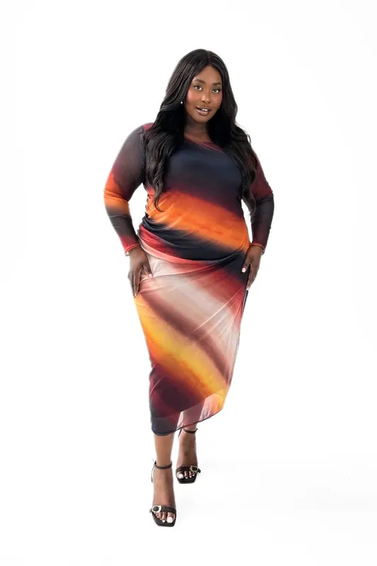 Curve Ombre Mesh Midi Dress In Rust - FASHION-SZN