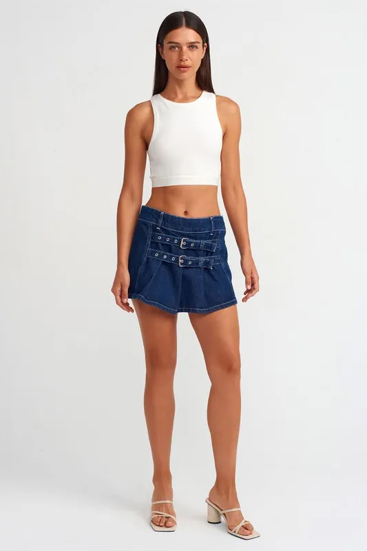 Belted Cotton Denim Mini Skirt - Dilvin