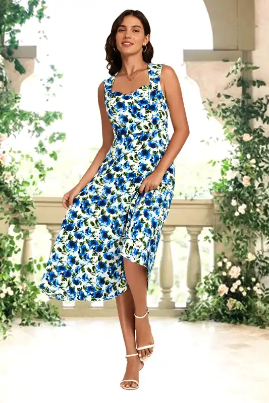 Blue Floral Print Heart Neck Midi Dress - FS Collection