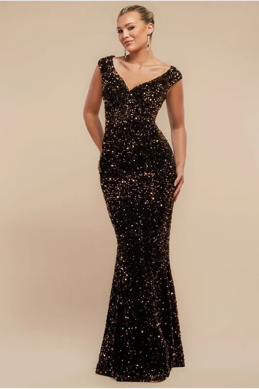 Multi Sequin & Velvet Bardot Maxi - Goddiva