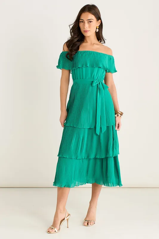 Green Pleated Tiered Bardot Midaxi Dress - Gini London
