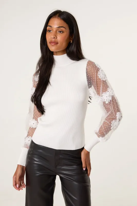 White Turtle Neck Jumper With Mesh Polka Dot And Flower Detail - Blue Vanilla