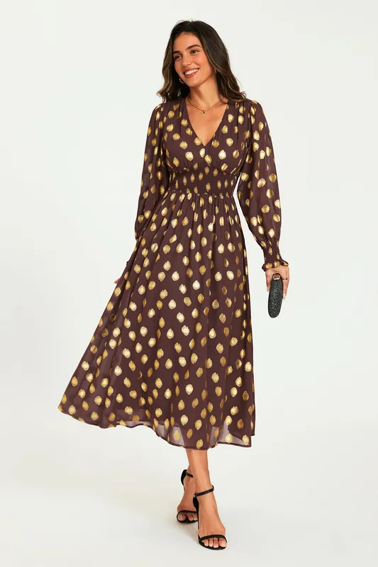 Gold Foil Long Sleeve Midi Dress In Brown - FS Collection