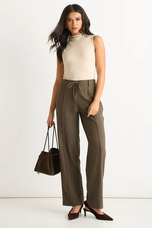 Olive Drawstring Elasticated back Tailoring Trousers - Gini London