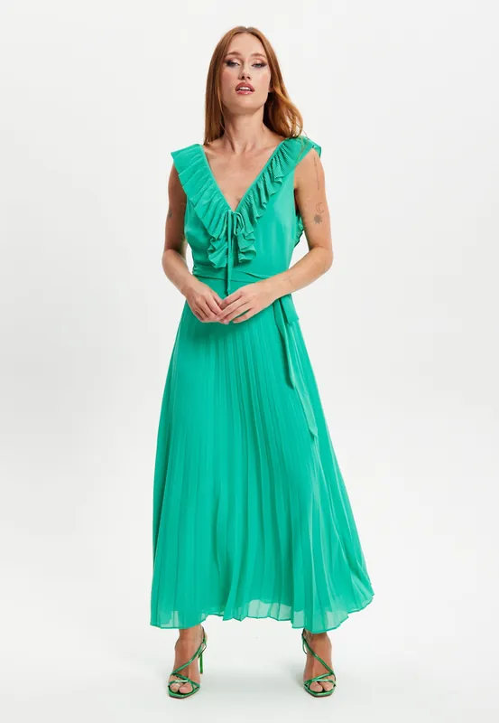 Frilled V Neck Sleeveless Pleated Maxi Dress - Liquorish
