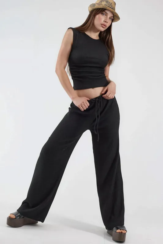 Wide Leg Trousers with Drawstring Waist - Busem