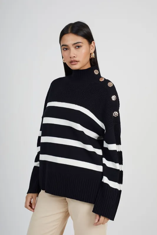Button Detail Striped Turtleneck Jumper - Brave Soul