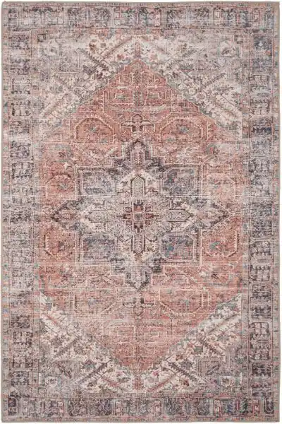 Warm Terracotta Traditional Medallion Non Slip Washable Low Pile Rug - Kukoon
