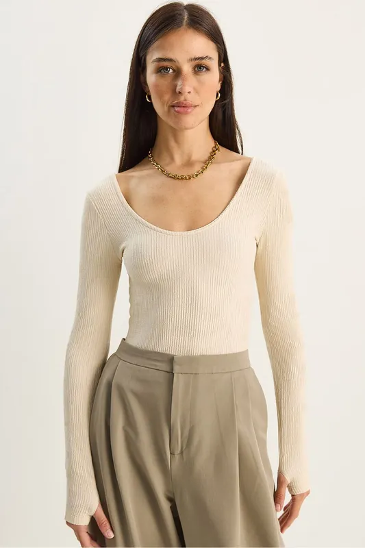 Slim Fit Long Sleeve U Collar Blouse - Bianco Lucci
