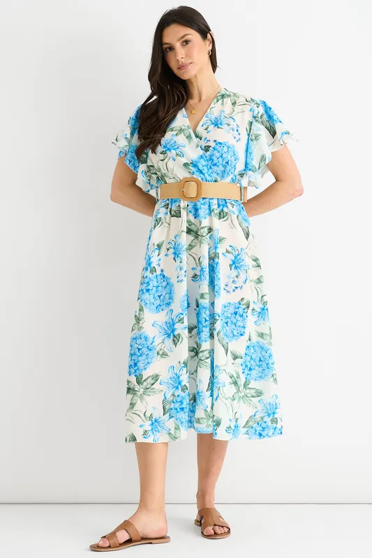 Blue Floral Print Angel Sleeves Belted Wrap Midi Dress - Gini London