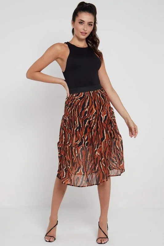 Rust Zebra Printed Gold Striped Tiered Midi Skirt - Love Sunshine