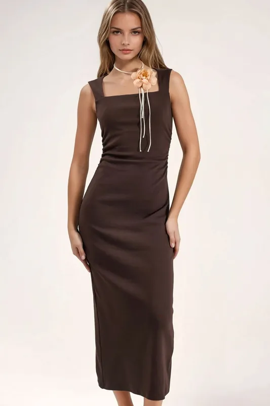 Square Collar Bodycon Midi Dress with Slit - Hiccup