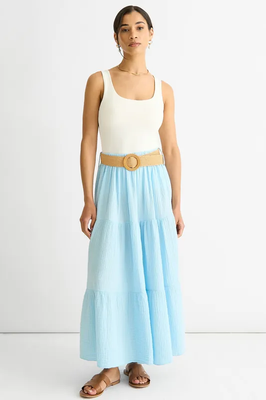 Blue Cotton Seersucker Belted Midaxi Skirt - Gini London