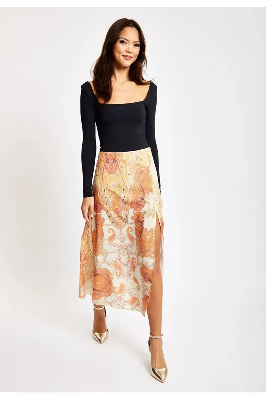 Abstract Print Midi Skirt In Orange - Liquorish