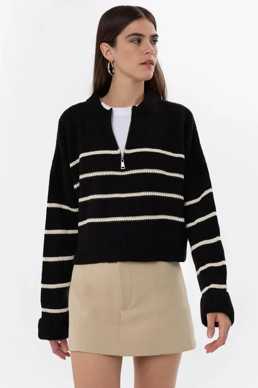 Striped Zippered Knit Sweater - Hiccup