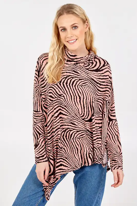 Pink Abstract Zebra Oversized Cowl Neck Top - Blue Vanilla